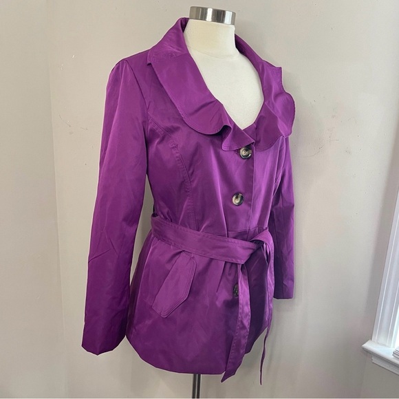 SANDRO STUDIO Purple Ruffle Trim All-Weather Lightweight Jacket Tie Belt, Large - Picture 5 of 11